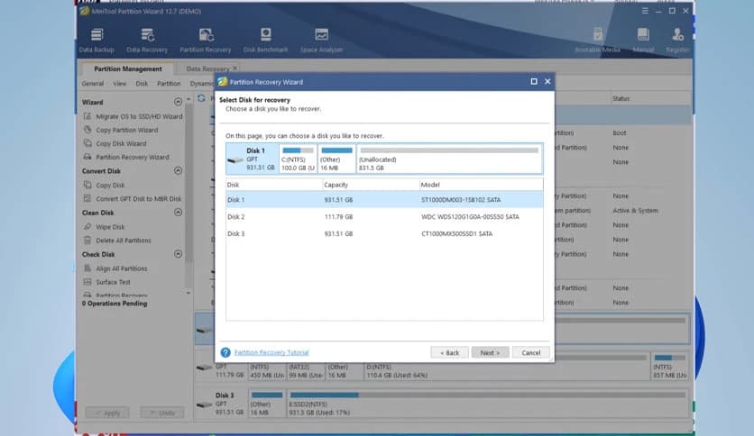 Disk map showing multiple NTFS volumes before a resize sequence