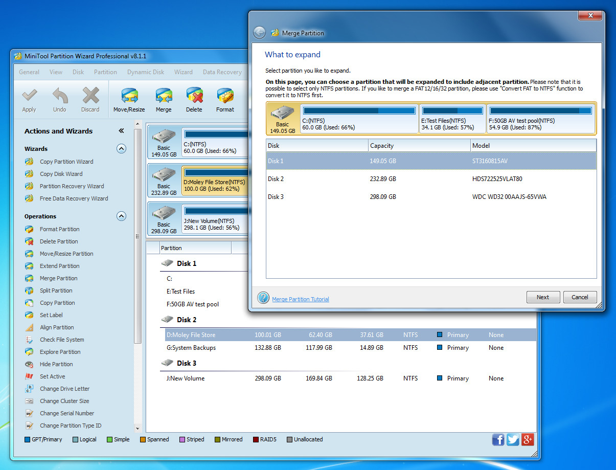 Partition merge workflow in software UI