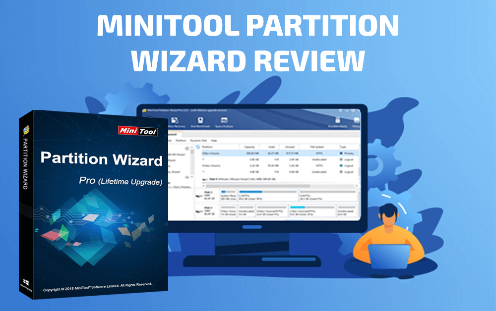 Captura estilo reseña de partitioning software con lista de discos y operaciones